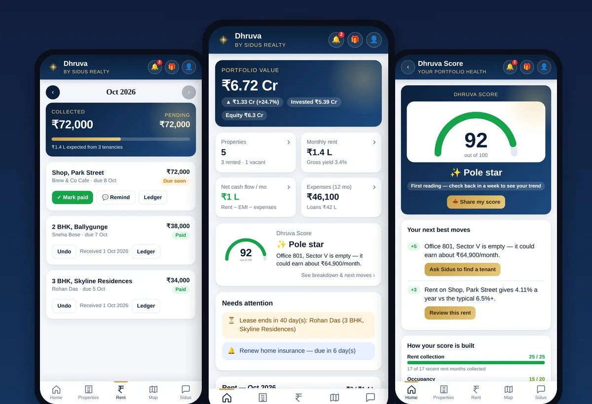 Dhruva property portfolio app dashboard, rent tracker and portfolio score on a phone