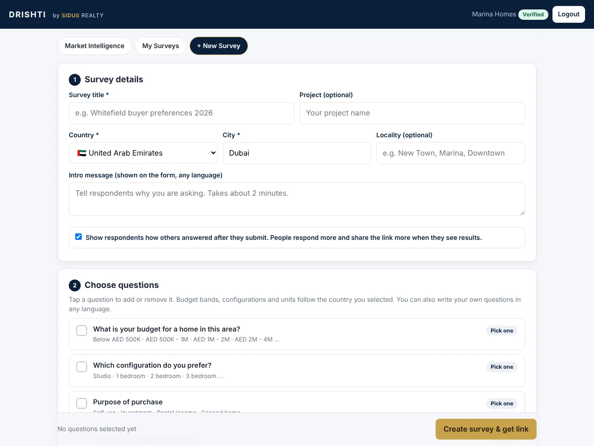 Drishti create survey screen with country, city and a tick-list of real estate questions